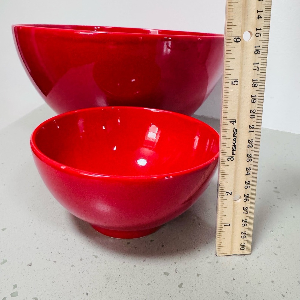 2 Red Ceramic Bowls - one 3” and the other 6” tall
